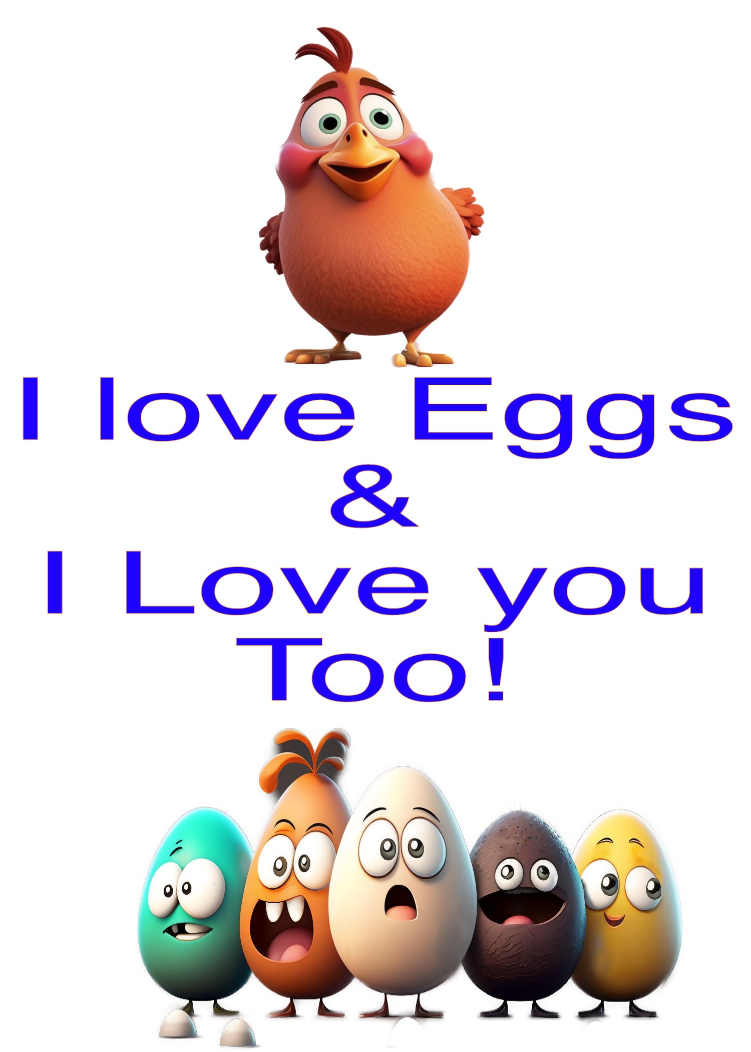 I love cheese, feed, and I love eggs and you!